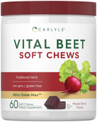 Vital Beet Soft Chews with 60 counts in Mixed Berry Flavor, highlighting their health benefits and delicious taste in a compact size.