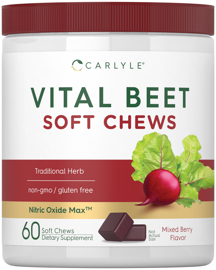 Vital Beet Soft Chews with 60 counts in Mixed Berry Flavor, highlighting their health benefits and delicious taste in a compact size.