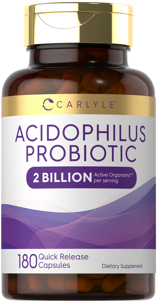 Probiotic 2 Billion features 180 quick release capsules for digestive health support, shown balanced on a hand scale.