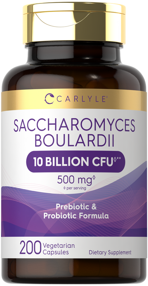 Carlyle Saccharomyces Boulardii bottle with 200 vegetarian capsules visible in the hand, giving a sense of the product size.