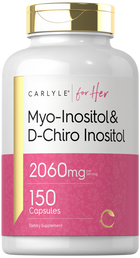 Image of 150 Myo-Inositol & D-Chiro Inositol Capsules, providing 2060mg per serving, placed on a hand for scale.