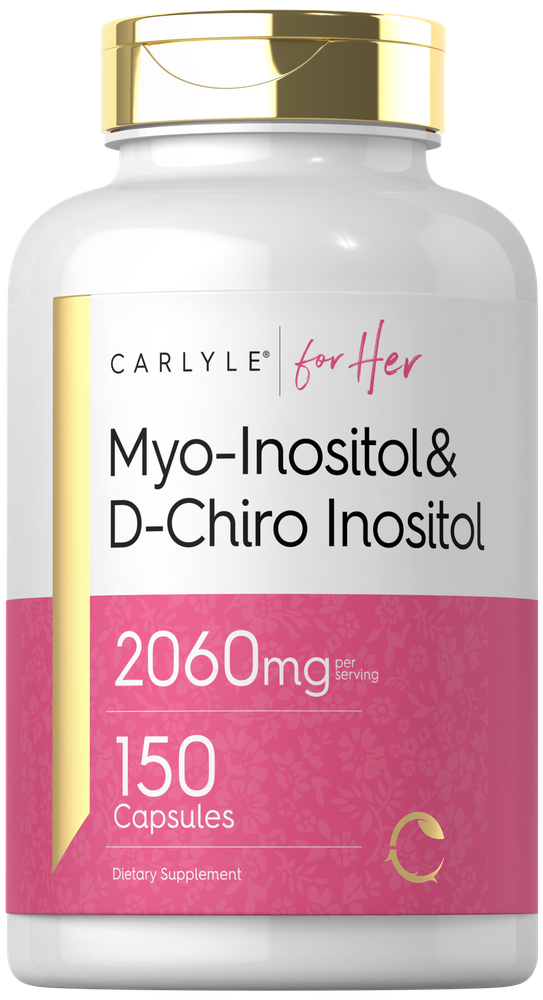 Image of 150 Myo-Inositol & D-Chiro Inositol Capsules, providing 2060mg per serving, placed on a hand for scale.