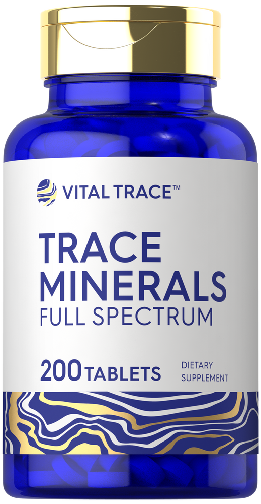Hand holding a container of Trace Minerals Full Spectrum with 200 tablets, indicating scale and bulk packaging.