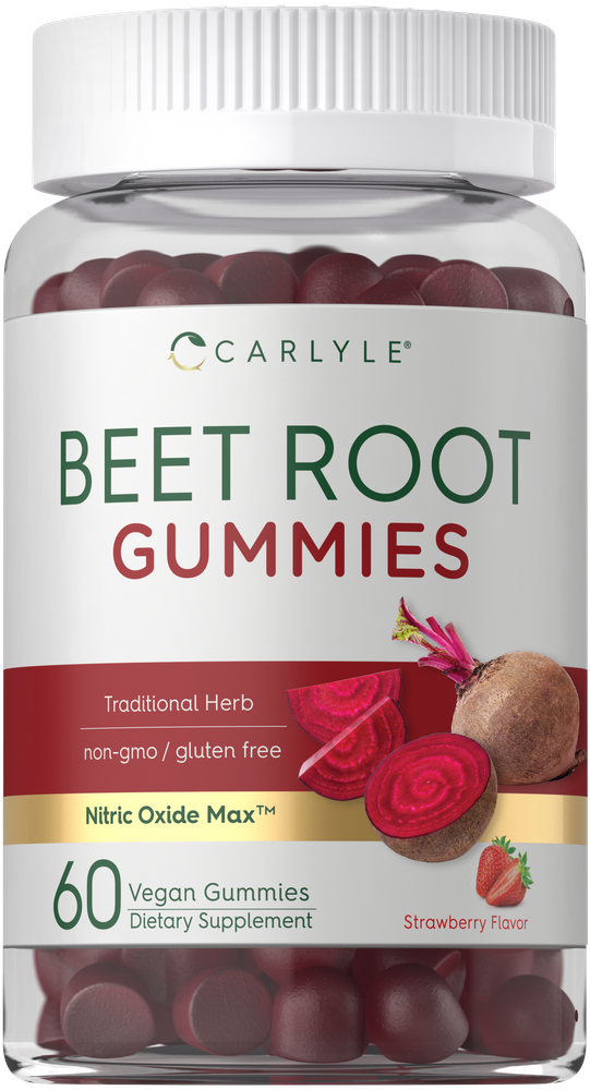 Carlyle Beet Root Gummies: 60 round, dark red, vegan gummies shown through a clear bottle, on a hand.