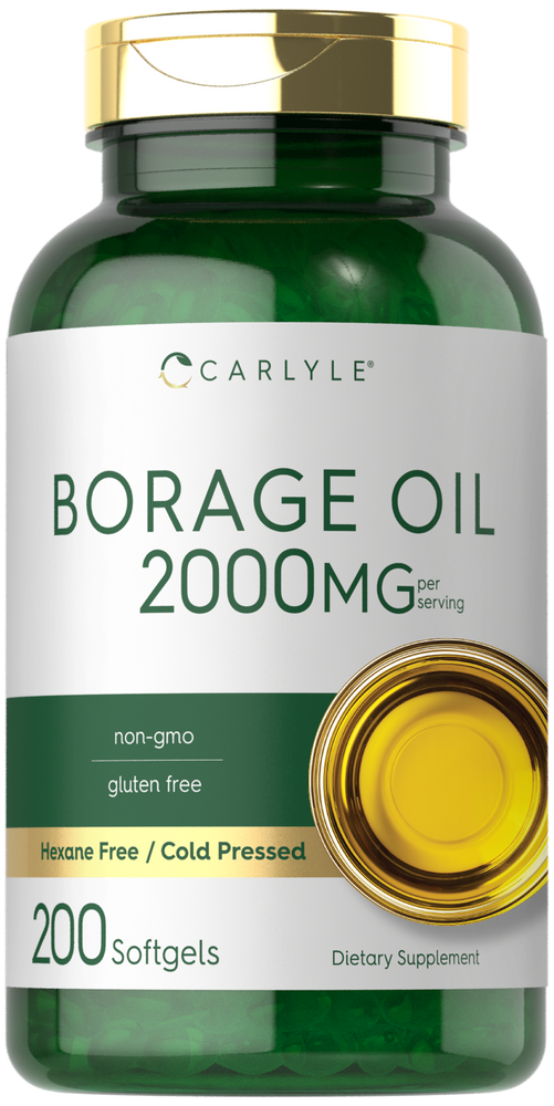 Carlyle Borage Oil softgels in a 200-count bottle, providing 2000MG per serving, displayed on a bulk scale with a hand nearby.
