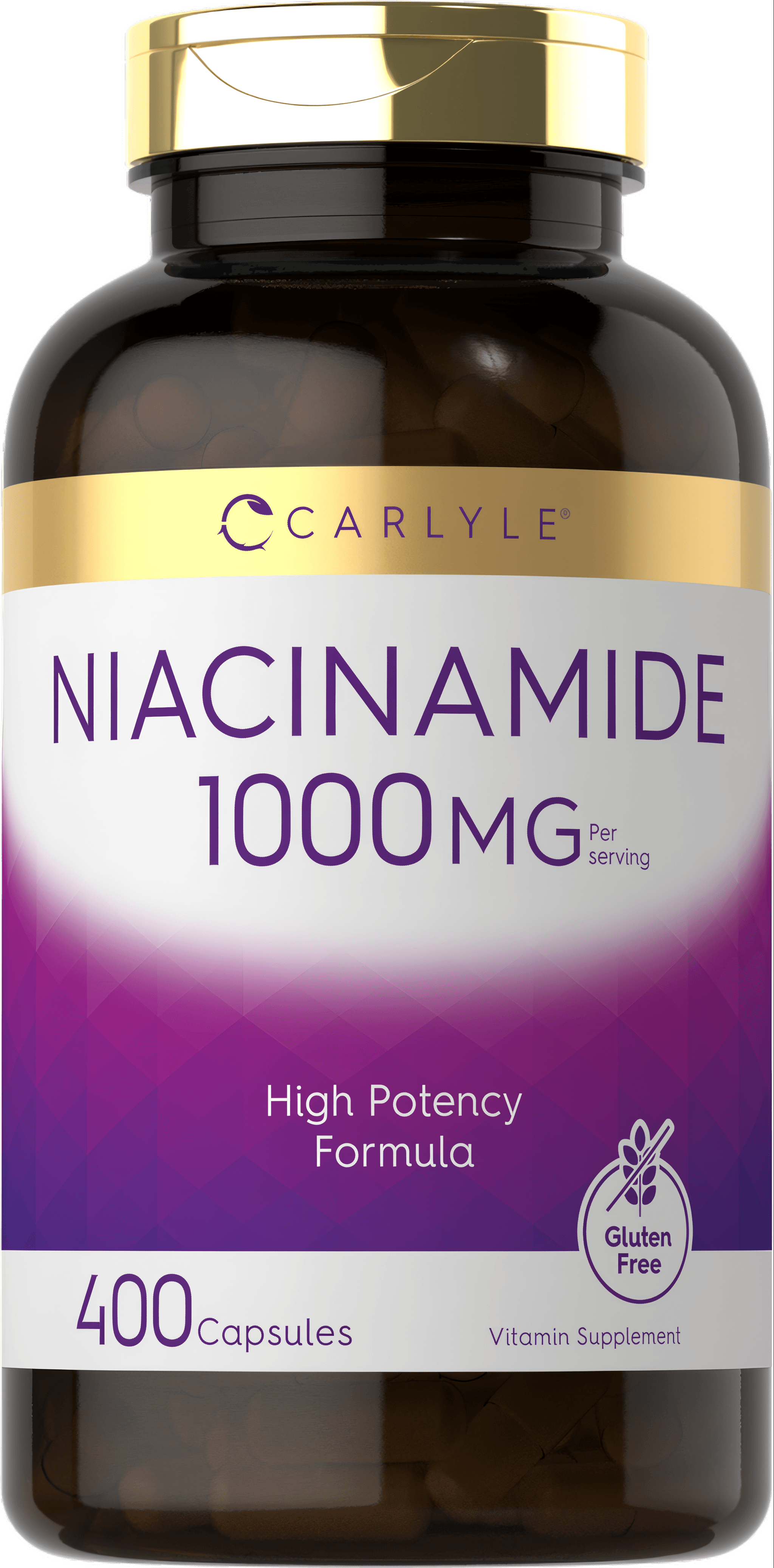 A hand holding a bottle of niacinamide capsules, 1000 mg strength, containing 400 capsules, displayed for bulk purchase.
