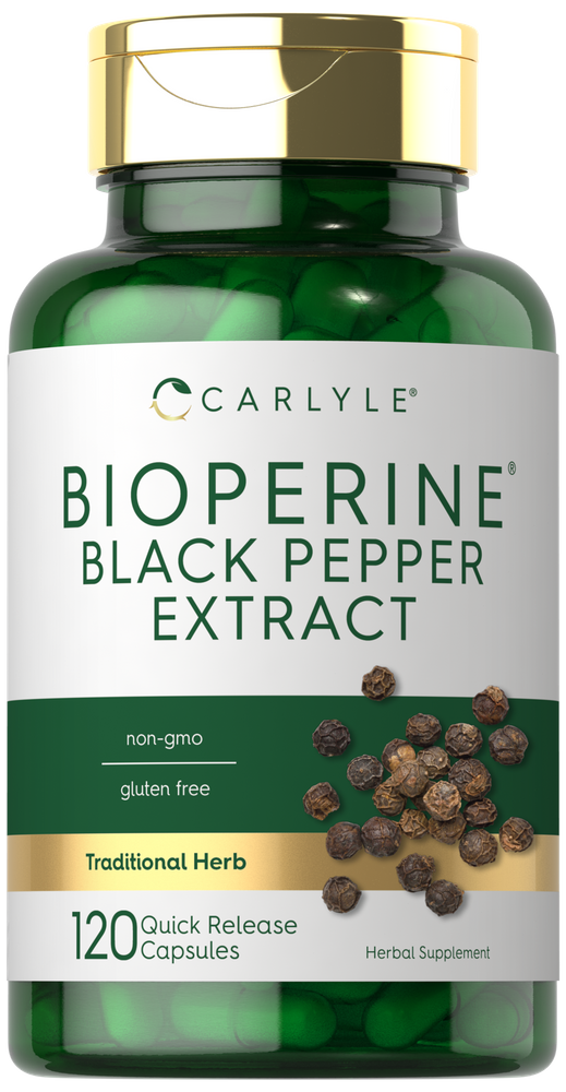 Carlyle Bioperine Black Pepper Extract 10 mg Quick Release Capsules, available in a 120 count bottle.