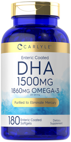 Enteric coated DHA 1500mg softgels shown in hand for scale, highlighting size and supplement type.