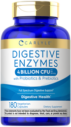 Carlyle Digestive Enzymes with Probiotics in a 180 Vegetarian Capsules bottle displayed on hand.