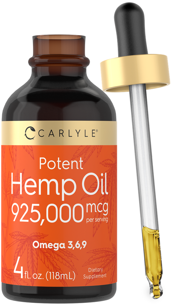 Carlyle Potent Hemp Oil Tincture, 4 fl. oz. bottle, 925,000 mcg per serving, includes a dropper for dosage.