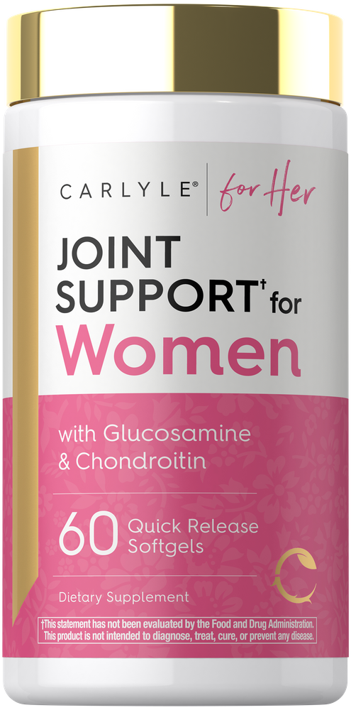 Carlyle Joint Support for Women shows 60 Quick Release Softgels with Glucosamine and Chondroitin on a hand scale.