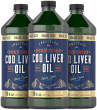 Image showing three bottles of Norwegian Cod Liver Oil, each containing 16 fl. oz. (473 mL), neatly arranged.