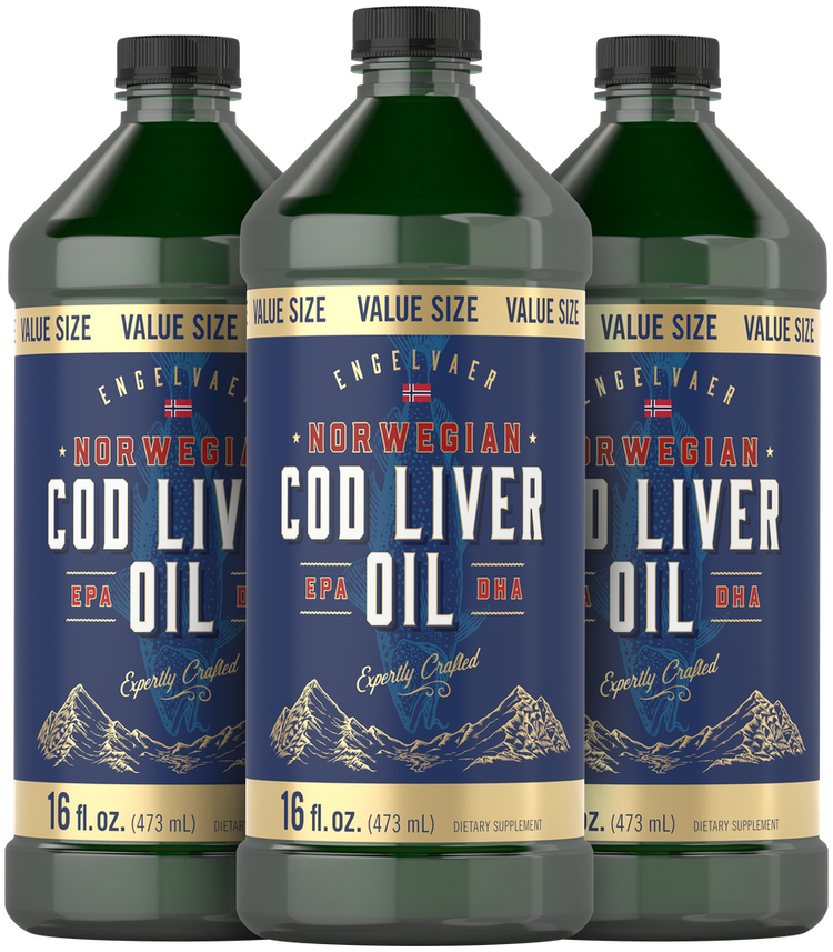 Image showing three bottles of Norwegian Cod Liver Oil, each containing 16 fl. oz. (473 mL), neatly arranged.