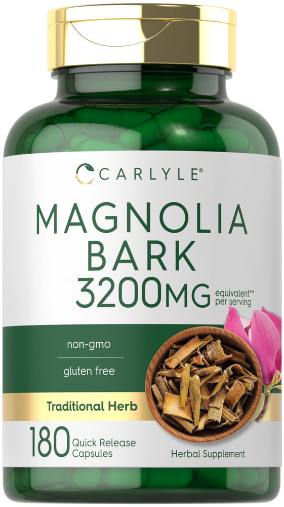 A hand holds Carlyle Magnolia Bark 3200mg, 180 quick release capsules, illustrating the product size and packaging.