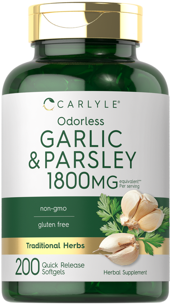 Carlyle Odorless Garlic and Parsley 1800mg, 200 Quick Release Softgels bottle on hand scale, showcasing bulk purchase.