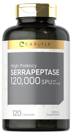 Carlyle Serrapeptase capsules, with 120,000 SPU per serving, 120 count, displayed on a hand scale.