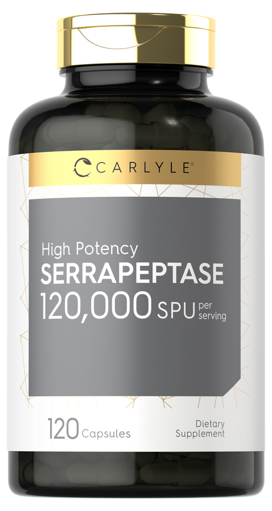Carlyle Serrapeptase capsules, with 120,000 SPU per serving, 120 count, displayed on a hand scale.