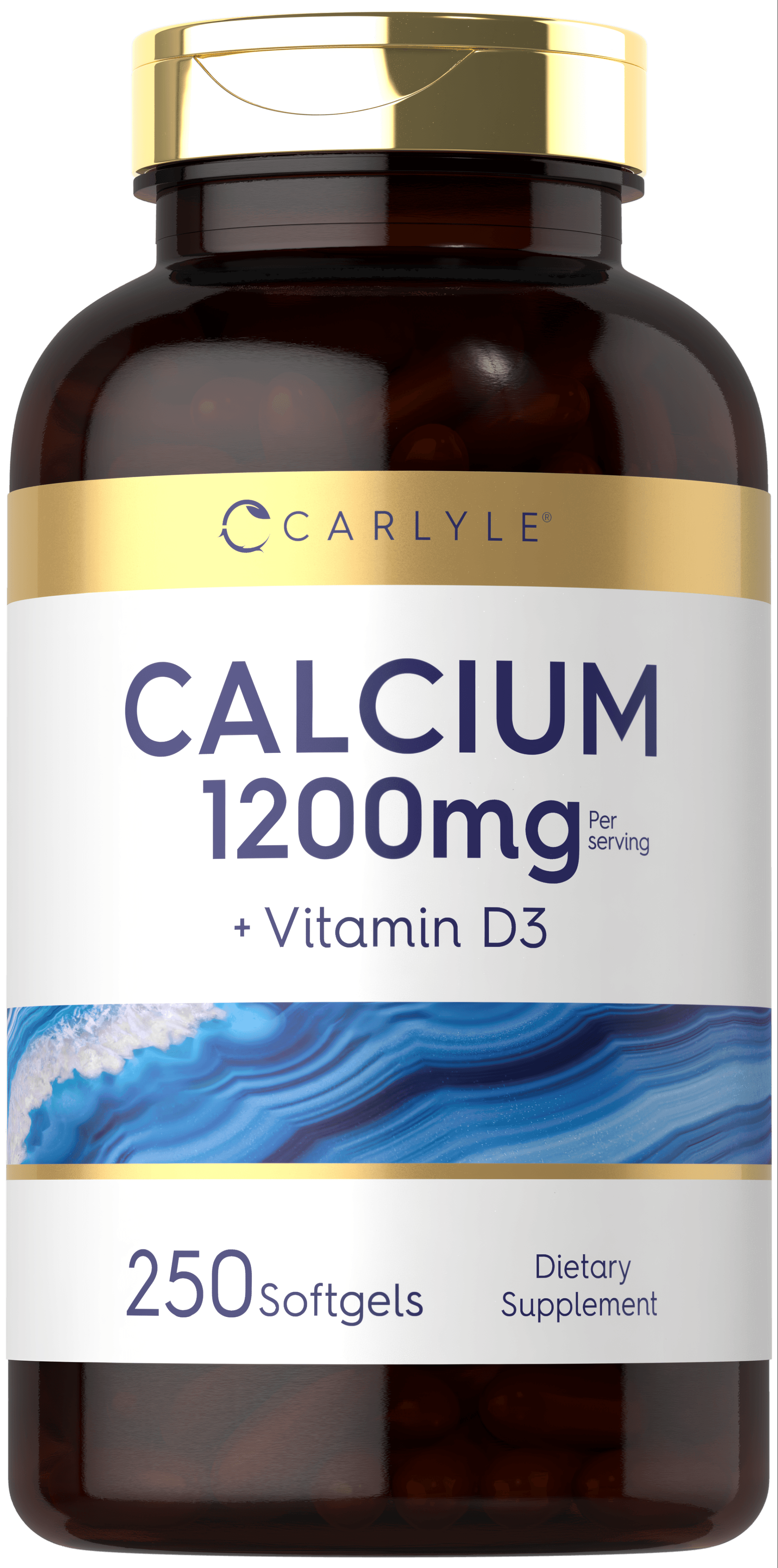 Carlyle Calcium 1200 mg with Vitamin D3, containing 250 softgels for bone health support.
