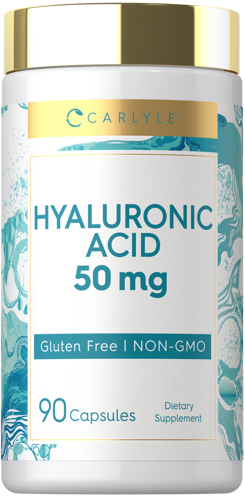 Hyaluronic Acid 50 mg capsules on a hand scale.