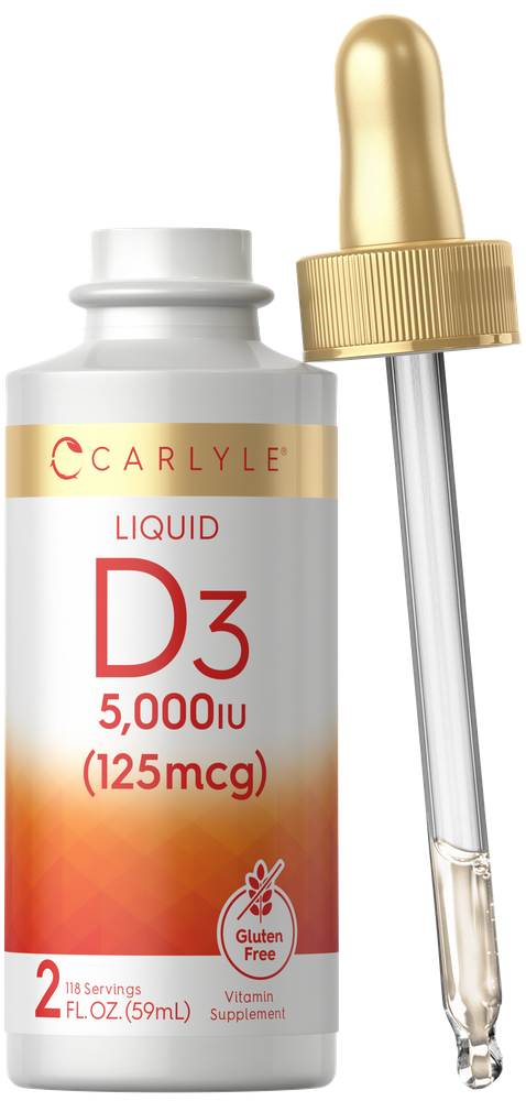 Carlyle Liquid D3 5,000 IU (125 mcg) 2 fl. oz. (59mL) bottle with dropper on a hand-scale background.