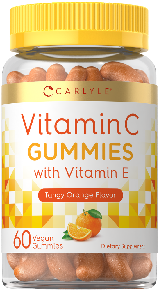 A clear bottle with 60 orange Carlyle Vitamin C Vegan Gummies that also contain Vitamin E.
