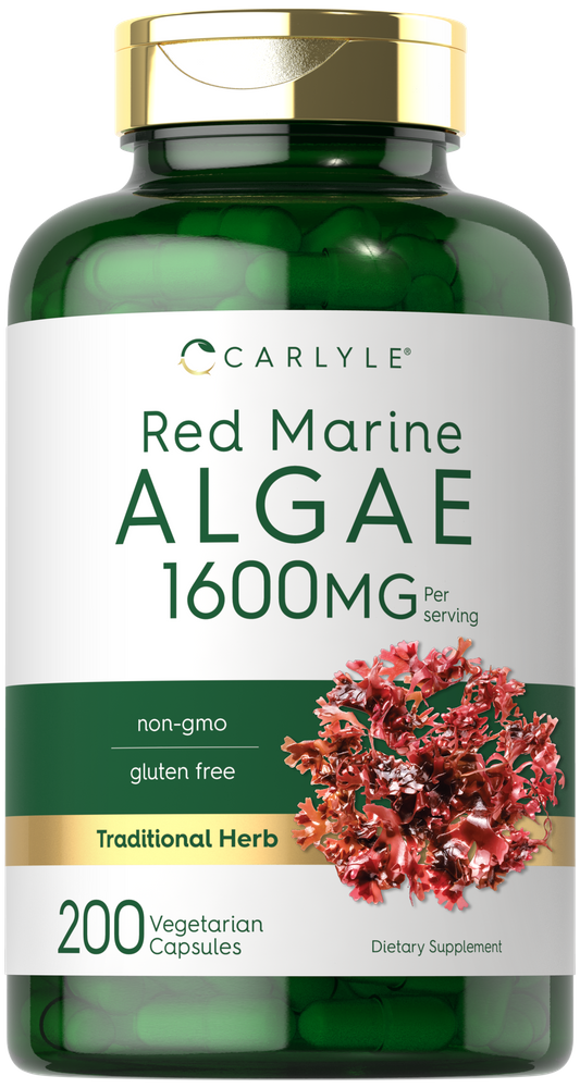 Bottle of 200 Carlyle Red Marine Algae vegetarian capsules, 1600mg per serving.
