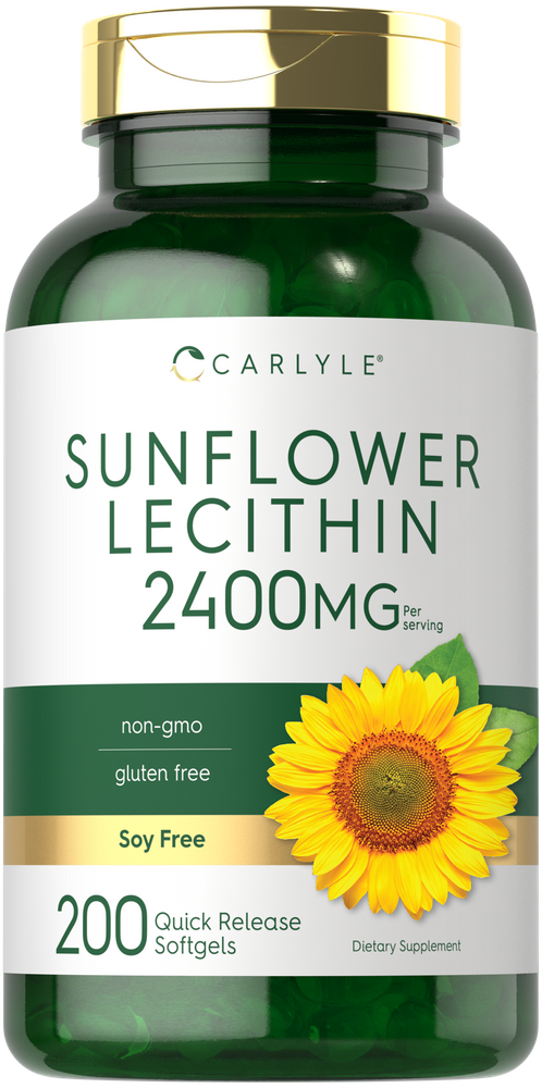 Sunflower Lecithin 2400mg per serving, 200 Quick Release Softgels. Non-GMO, gluten free, and soy free.