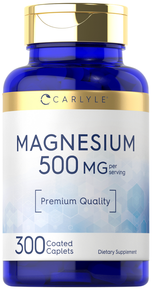 Magnesium supplement, 500 MG per serving, in a bottle with 300 coated caplets, displayed on a hand scale.