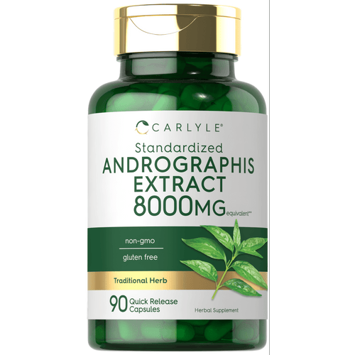 View 1 Andrographis Extract 8000MG equivalent, 90 Quick Release Capsules, shown on a hand scale for size comparison.