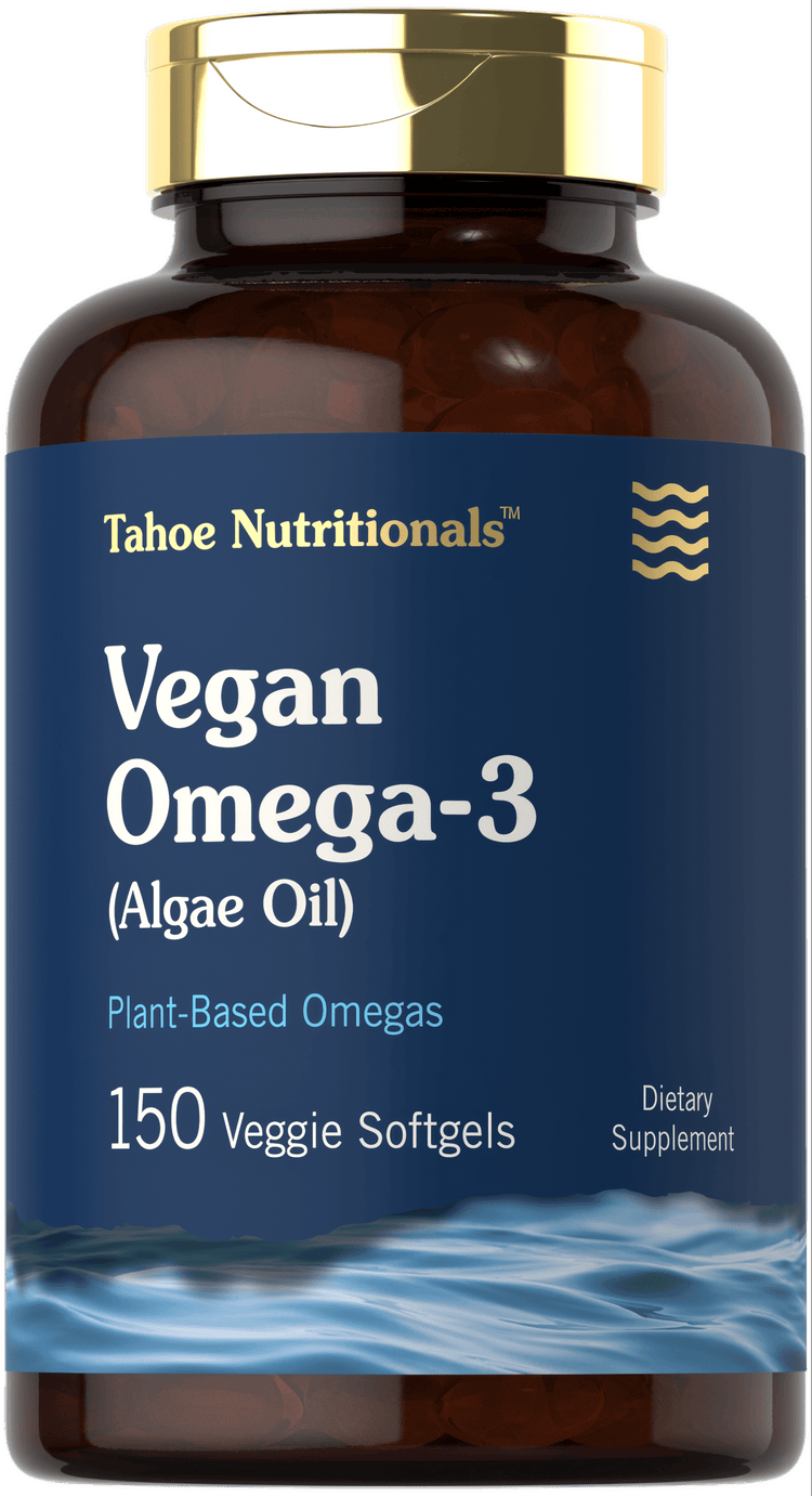 A bulk scale image showing Tahoe Nutritionals Vegan Omega-3 Algae Oil with 150 veggie softgels.