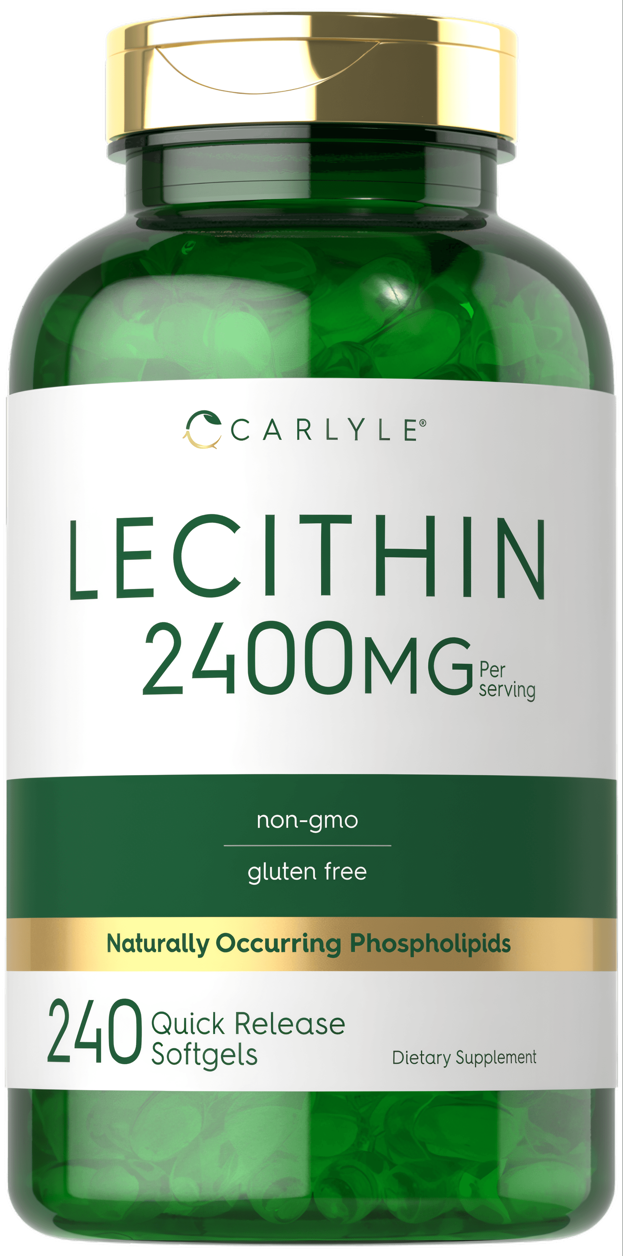 Carlyle Lecithin 2400 mg per serving, 240 Quick Release Softgels shown on bulk scale.
