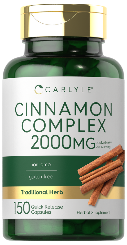 Carlyle Cinnamon Complex 2000MG, 150 capsules shown in hand for scale.