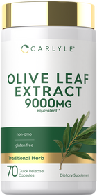 A hand holding a bottle of 70 quick release capsules of Olive Leaf Extract, offering a 9000mg equivalent dose.