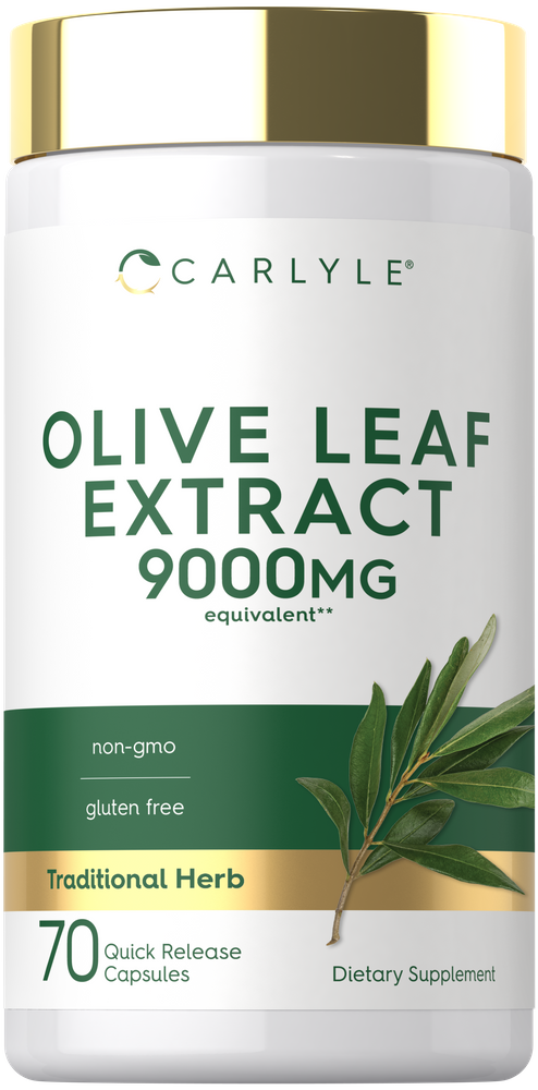 A hand holding a bottle of 70 quick release capsules of Olive Leaf Extract, offering a 9000mg equivalent dose.