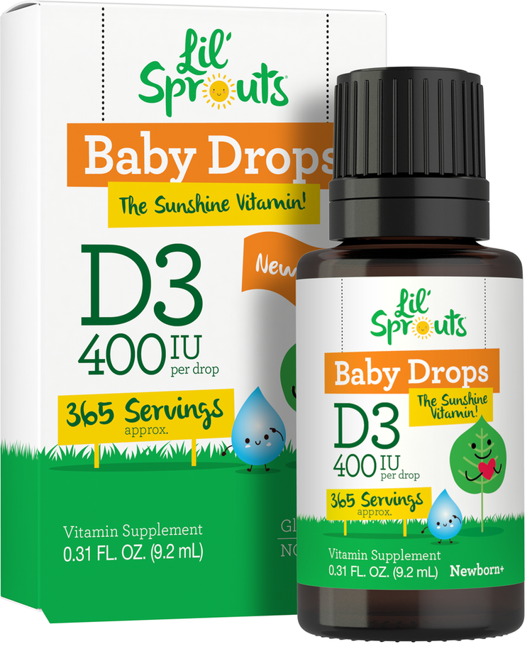 Lil' Sprouts Baby Drops D3 supplement, 400 IU per drop, 0.31 FL. OZ. (9.2 mL), suitable for newborns and up.