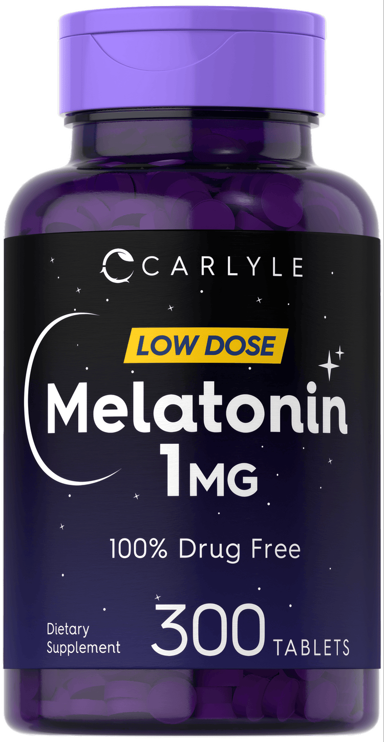 A hand holding a bottle of Melatonin 1 MG with 300 tablets, shown on a scale to represent bulk quantity.
