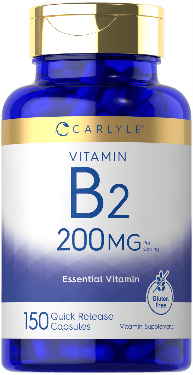 A bottle of 150 quick release capsules of Vitamin B2, each containing 200 mg.