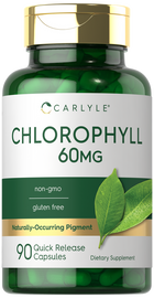Bottle of Carlyle Chlorophyll 60MG Quick Release Capsules, 90 count, in someone's hand for scale.