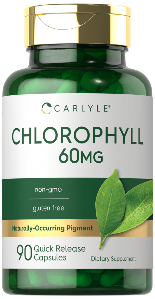 Bottle of Carlyle Chlorophyll 60MG Quick Release Capsules, 90 count, in someone's hand for scale.