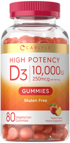 A clear jar containing 80 peach-flavored vegetarian Vitamin D gummies is visible.