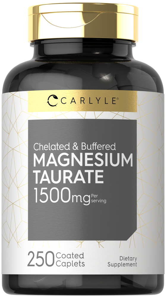 A hand holds a bottle of Carlyle Magnesium Taurate 1500mg, containing 250 coated caplets, emphasizing bulk purchase size.