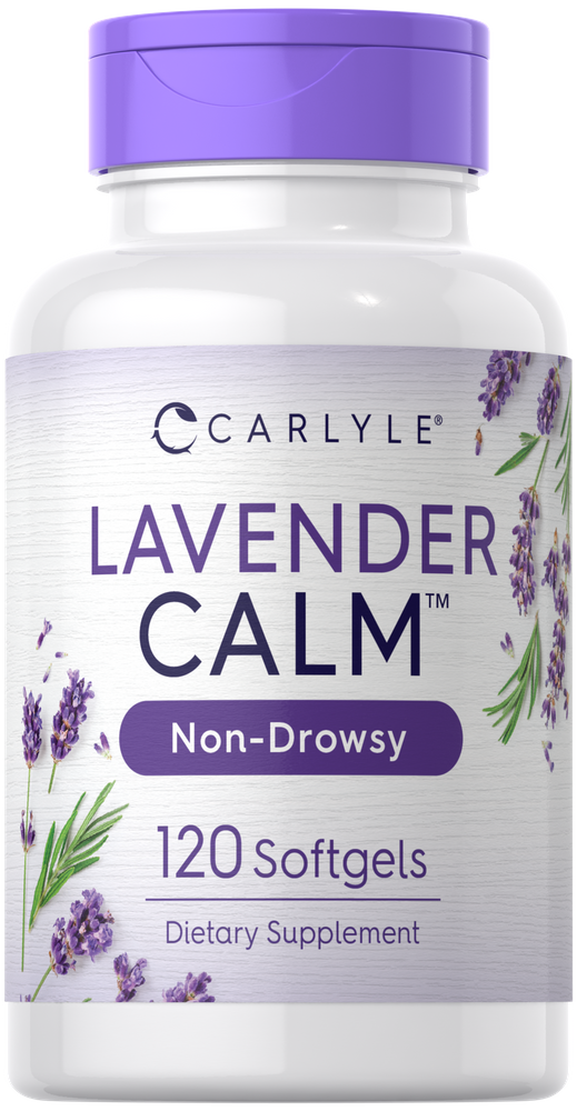 Carlyle Lavender Calm 120 Softgels bottle shown on a hand scale, highlighting the product's calming properties and size.