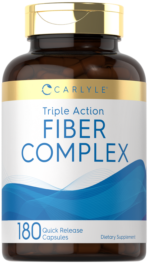 Carlyle Triple Action Fiber Complex, 180 capsules, shown on a hand scale for bulk measurement.
