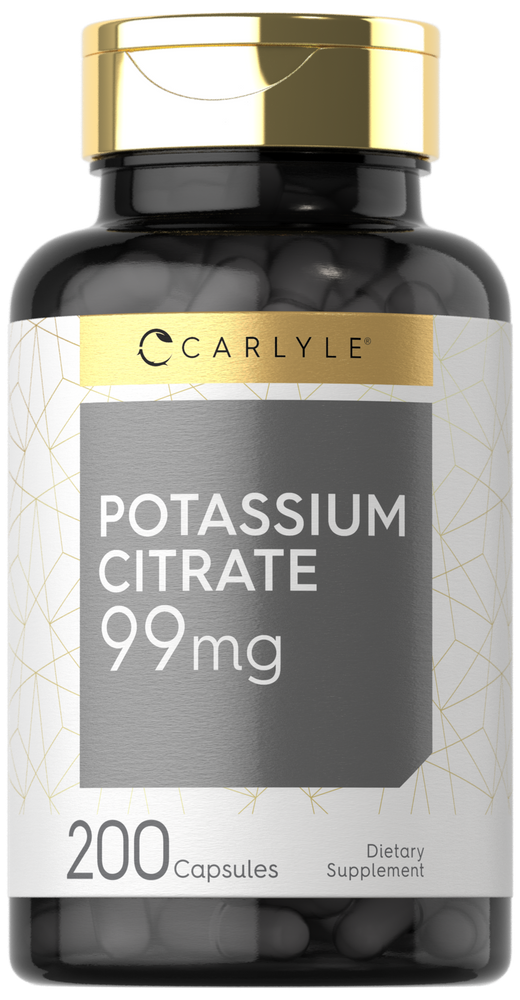 Carlyle Potassium Citrate 99 mg capsules, shown with a hand for scale, available in a 200-count bottle.
