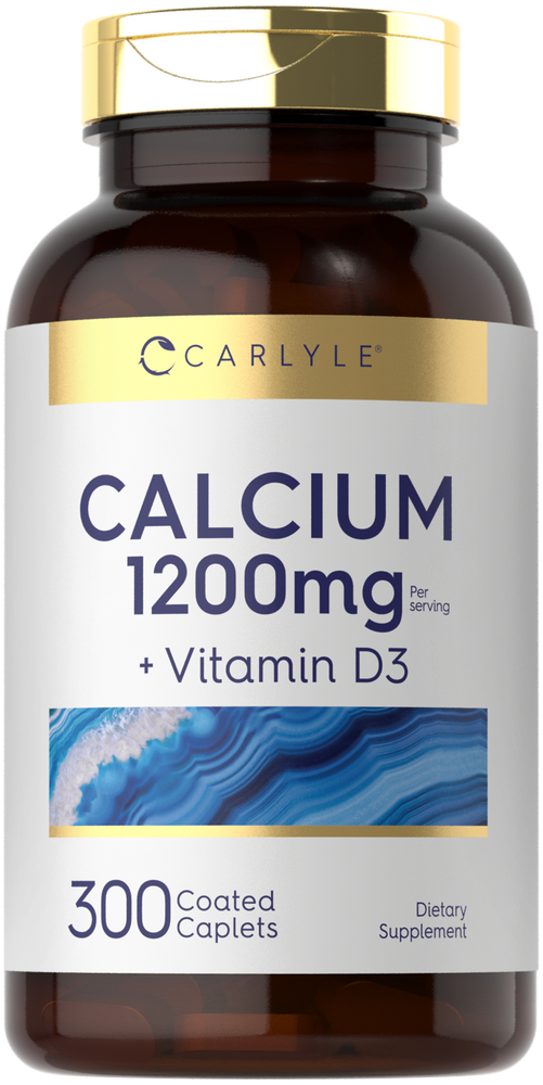Hand holding Carlyle Calcium 1200mg plus Vitamin D3, 300 coated caplets bottle, showing product size and quantity.