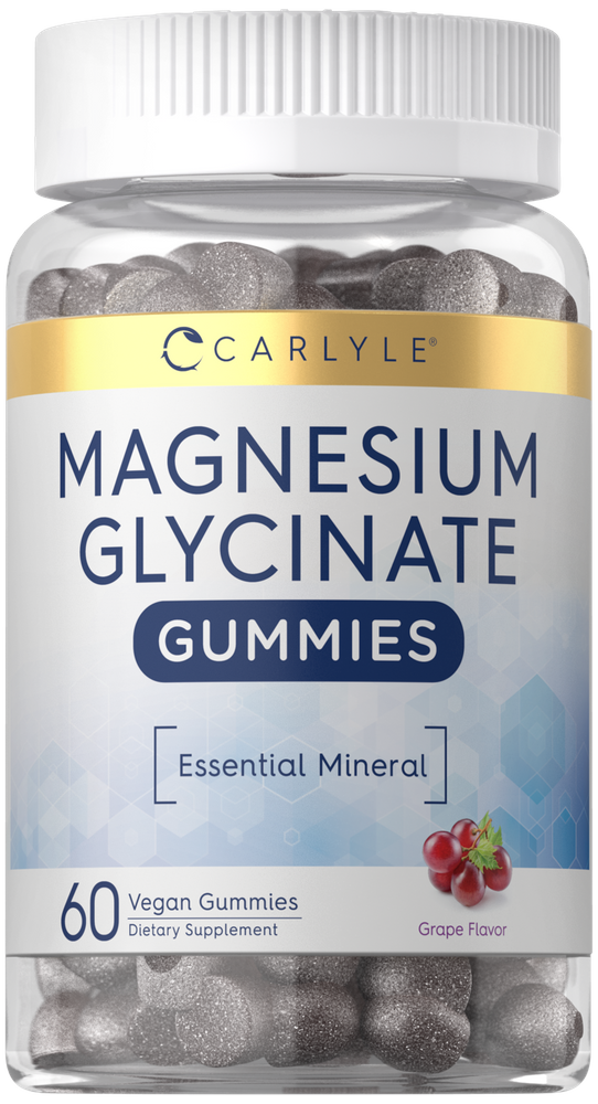 Hand holding Carlyle Magnesium Glycinate, 60 gummies, to show size and product details, perfect for easy consumption and supplement.