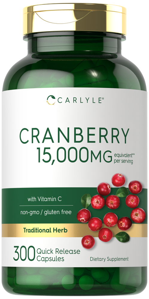 Carlyle Cranberry 15,000MG with Vitamin C, quick release capsules on a scale close-up.