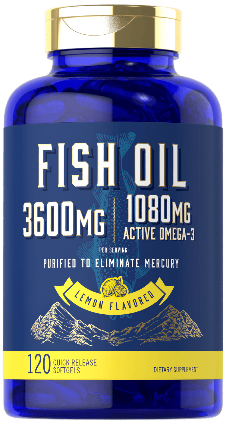 A person holds a bottle of Carlyle Omega-3 Fish Oil with Lemon flavor, 3600 mg, containing 120 quick release softgels.