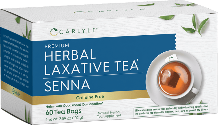 Carlyle Premium Herbal Laxative Tea with Senna, featuring 60 caffeine-free tea bags, net weight 3.59 oz (102 g).