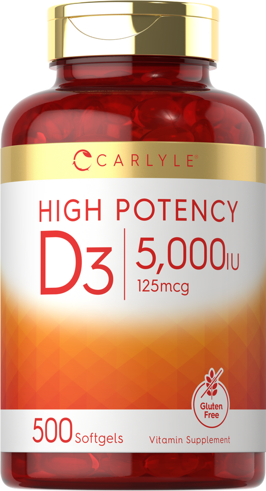 A bottle of Red D3 5,000 IU 125mcg, containing 500 softgels, placed on a hand scale, highlighting supplement quantity.